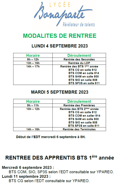 horaire de la rentree